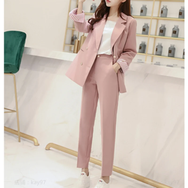 Woman suits lady suit office business professional suit female autumn casual temperament fashion slim solid color pink two-piece