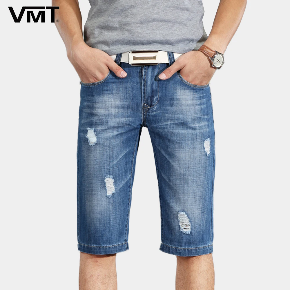 2017 Новое Лето Мужчины Шорты Тонкий Denim Проблемные Отверстие Короткие Джинсы