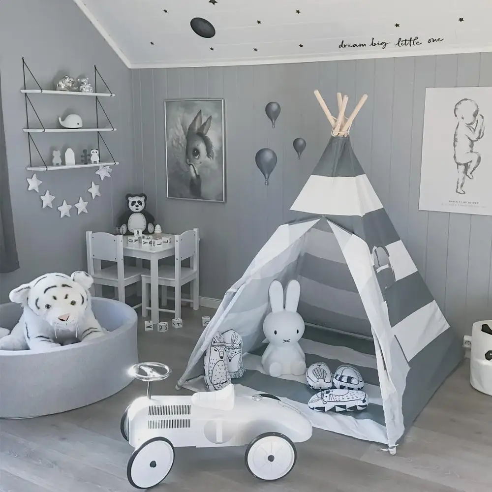 Дети вигвама играть палатки 100% хлопок холст серый в полоску детская типи театр с