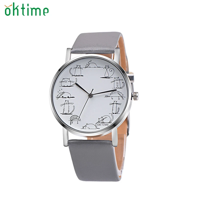 Часы женские в стиле ретро с милым мультяшным котом и кожаным ремешком