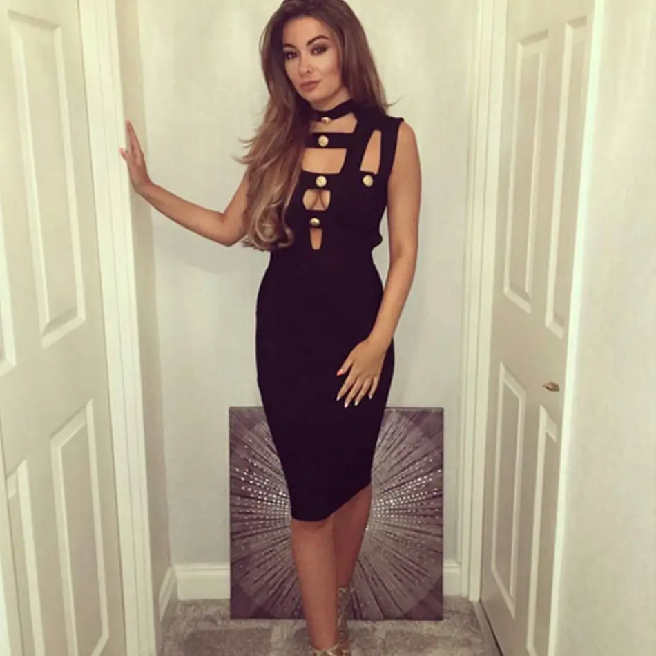 Женское Бандажное платье черное без рукавов с золотыми кнопками | Женская одежда