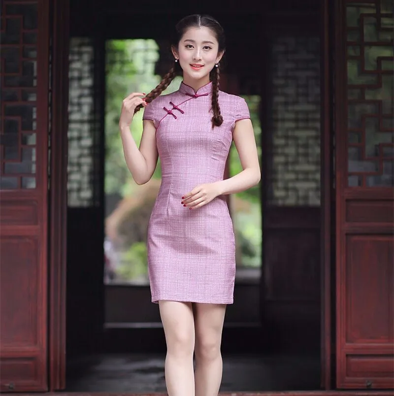 Элегантный темно синий китайский Женский мини чонсам Лидер продаж льняное