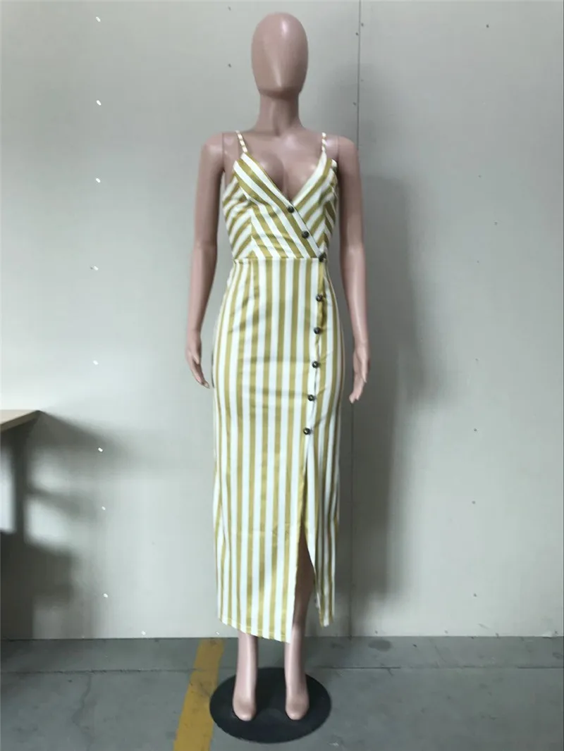 Женское платье в полоску с V образным вырезом и пуговицами|Женские платья| |