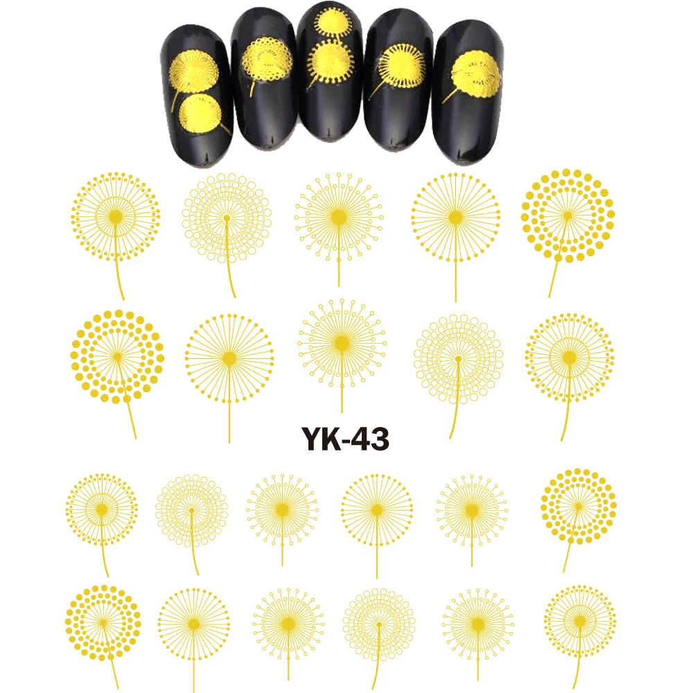 

UPRETTEGO Gold/ Silver Water Stickers Metallic Nail Decals FLOWER DANDELION BLOW BALL FLYING UMBRELLA YK43-48