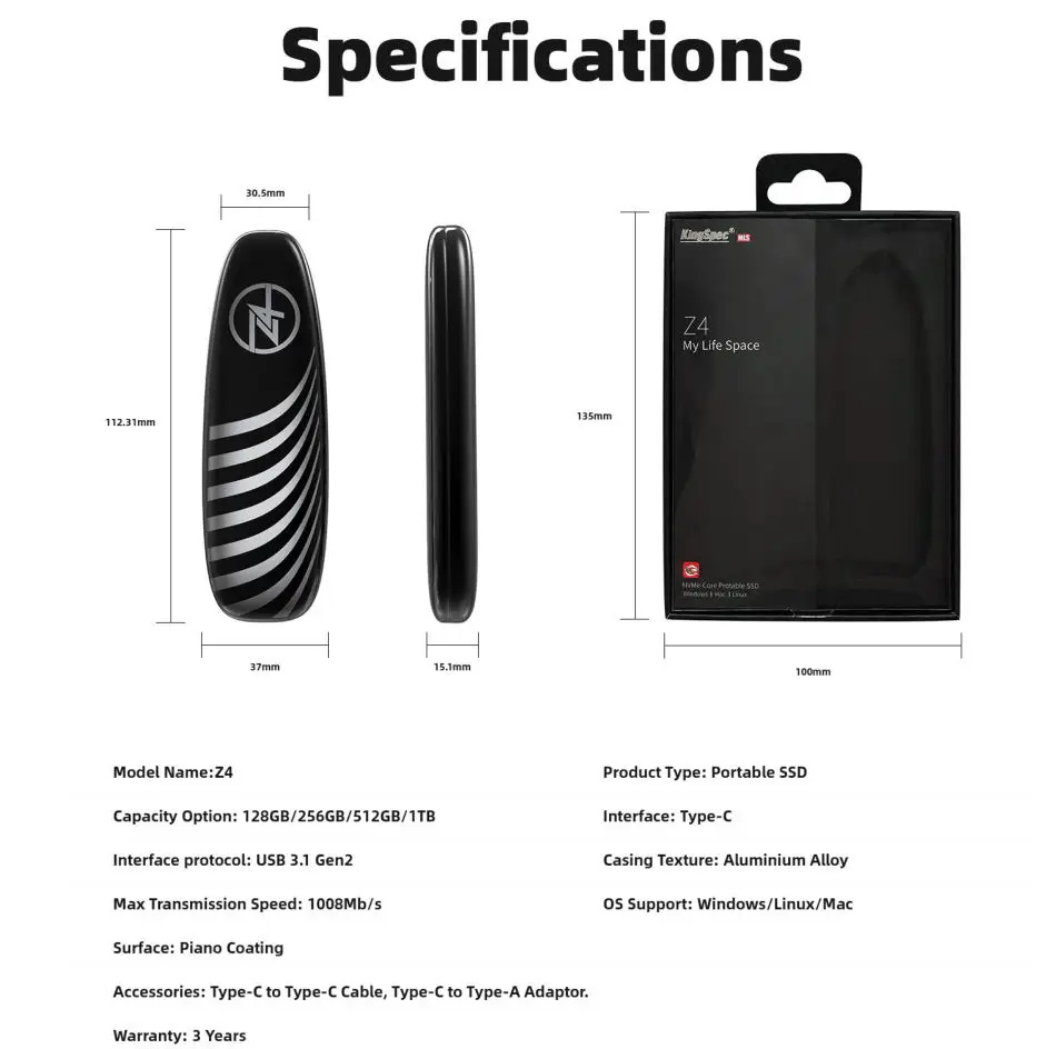 KingSpec внешний SSD 128GB 256GB USB 3,1 type-C Gen2 портативный SSD 500GB 512GB 1 ТБ PCI-e Gen3 хранение HD для ПК/ноутбука