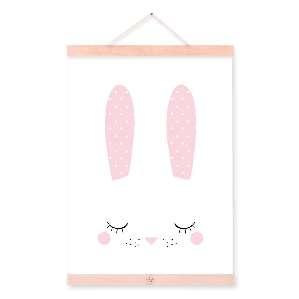 Kawaii, Мультяшные животные, олень, медведь, собака, деревянная рамка, холст, живопись, скандинавские, для детской комнаты, настенные художественные плакаты, домашний декор, картина, Свиток - Цвет: face rabbit