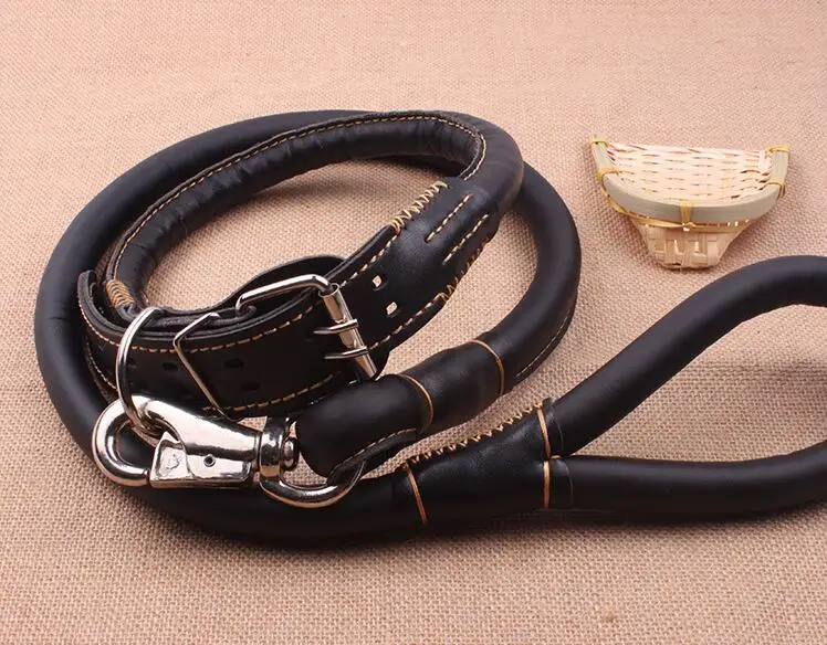 Ошейник и поводок для собак из натуральной кожи прочный швейный среднего