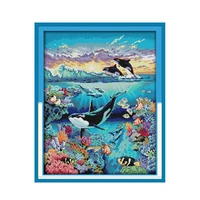 blue ocean sea world animal whale handmade sewing kit cross stitch embroidery sewing decoration hanging picture