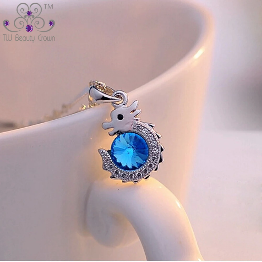 Женское ожерелье из серебра 925 пробы с кулоном в виде китайского дракона голубого