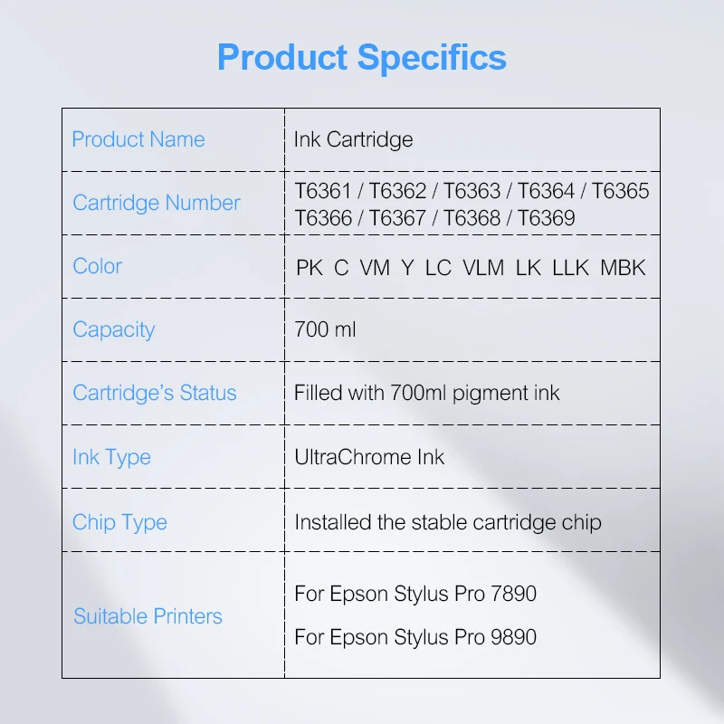 9Colors/Set T6361-T6369 Compatible Ink Cartridge Filled With Pigment Ink For Epson Stylus Pro 7890 9890 7908 Printer 700ML/PC