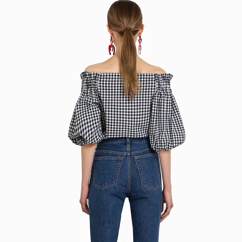 Off Shoulder Ruffle блузка рубашка Женщины Топы Повседневное свободные Puff Половина