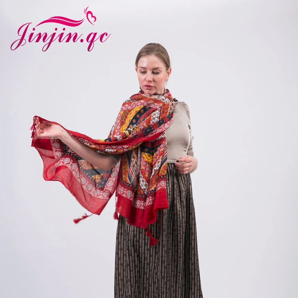 Jinjin. QC 2019 Саржевый Хлопковый Весенний Шарф Женский Богемный Тайский Стиль