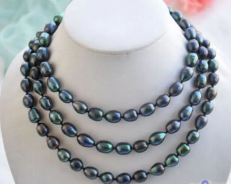 

Длинное ожерелье из таитянского черного натурального жемчуга 48 дюймов 7-8 мм, AAA ручное плетение