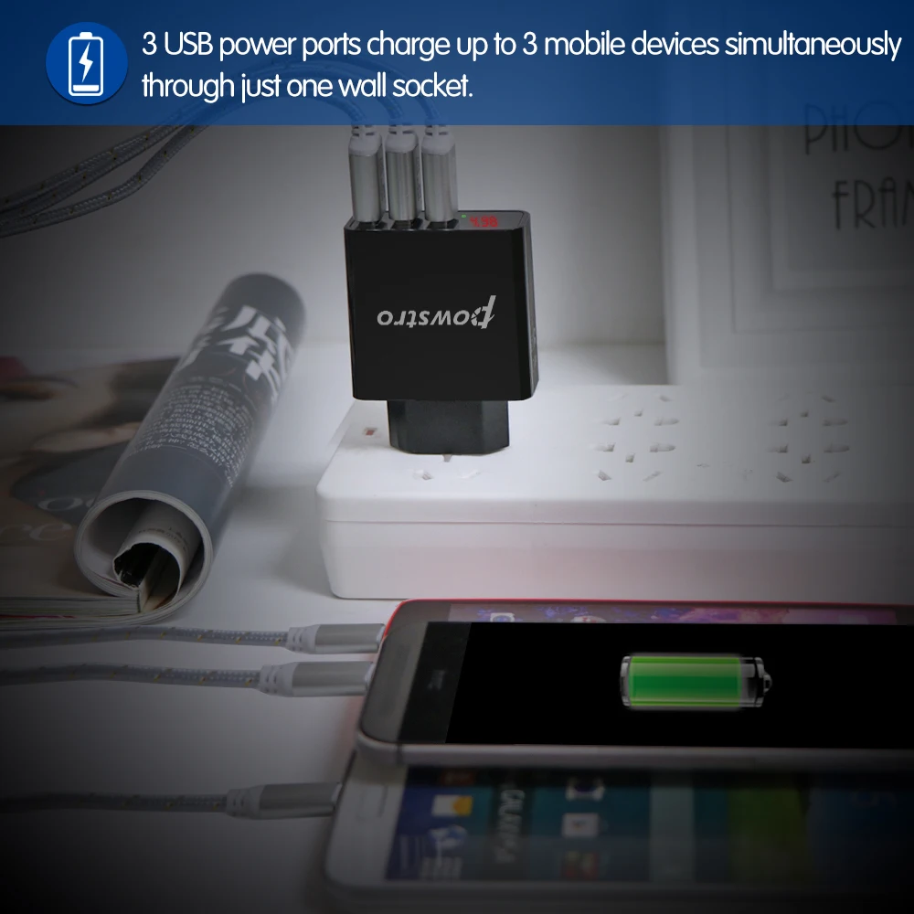 Настенное зарядное устройство Powstro 5V 3A 3 USB с ЖК-дисплеем, интеллектуальный цифровой дисплей, универсальный адаптер для путешествий с европейской вилкой, напряжение тока для мобильного телефона