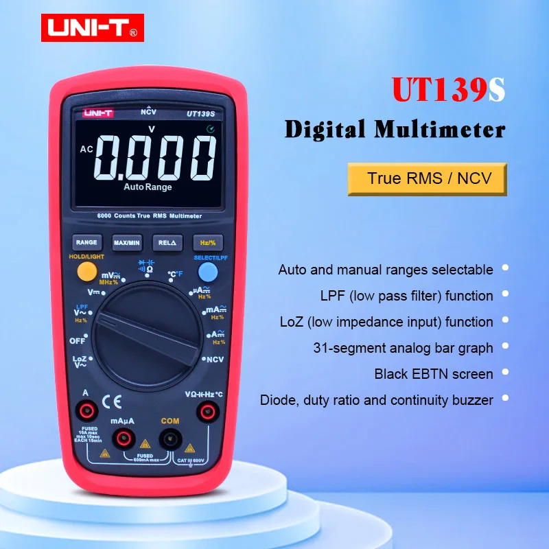 

UNI-T UT139S Digital Multimeter Auto Range True RMS Temperature Probe LPF pass filter LoZ low impedance input