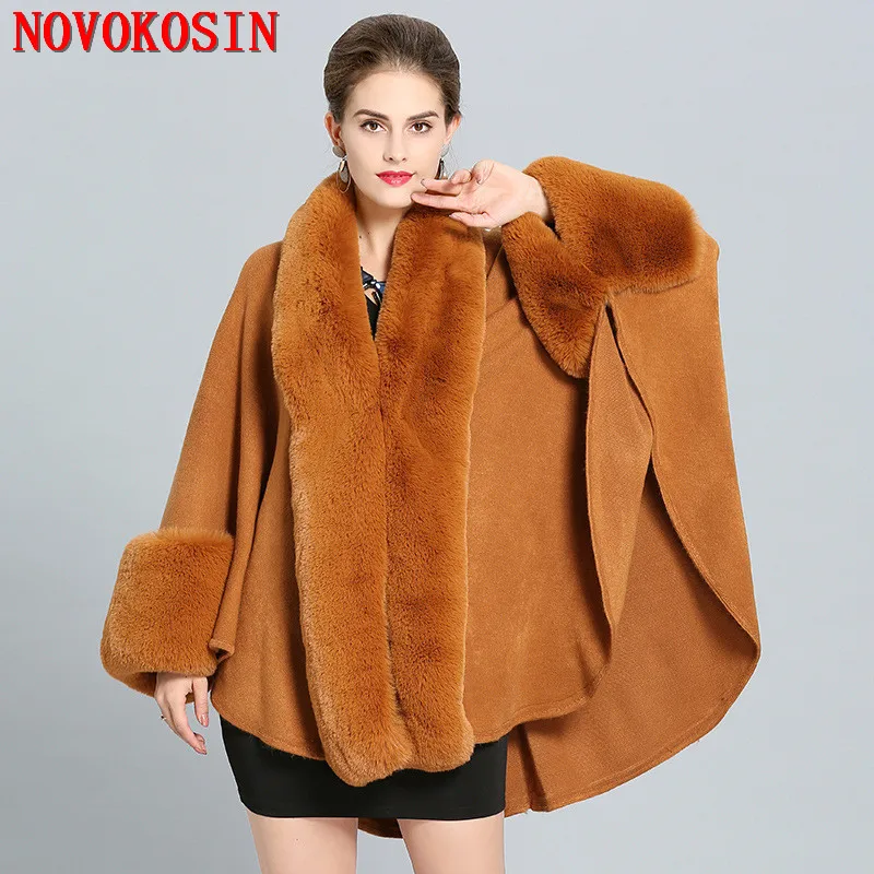 

Пальто женское вязаное SC277, с воротником из искусственного лисьего меха, зимнее, теплое, плотное, с рукавами летучая мышь, большие накидки, 2018