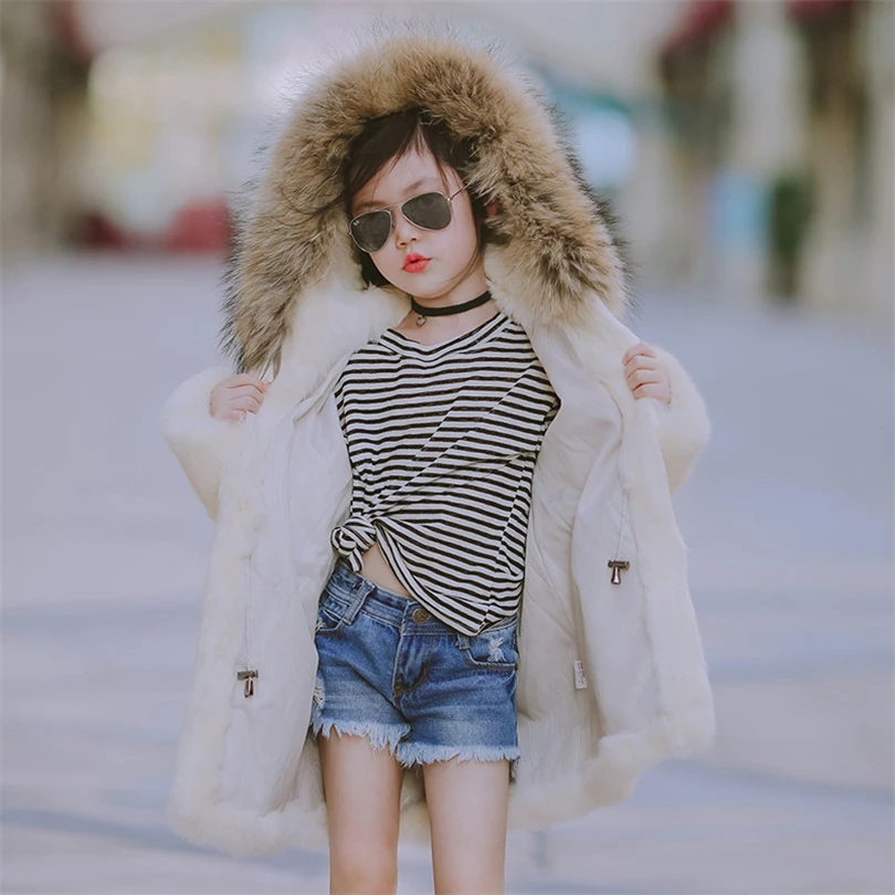 2017 Children Real Rabbit Fur Long Coat Outwear Kids Girls Winter Natural 100% Warm Jacket for | Детская одежда и обувь