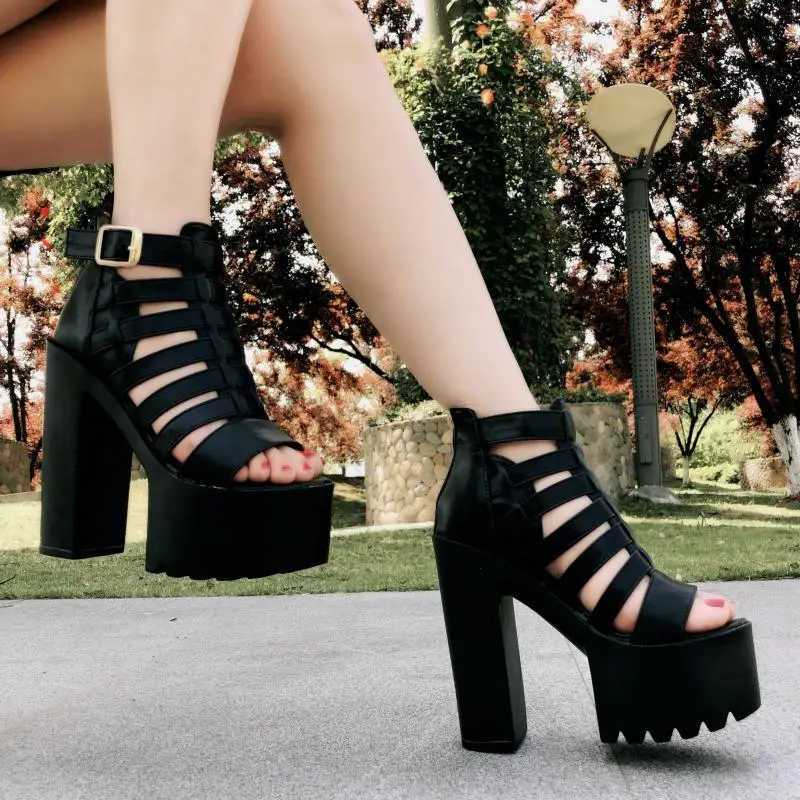 Женские босоножки на высоком каблуке 15 см черные сандалии-гладиаторы Новинка