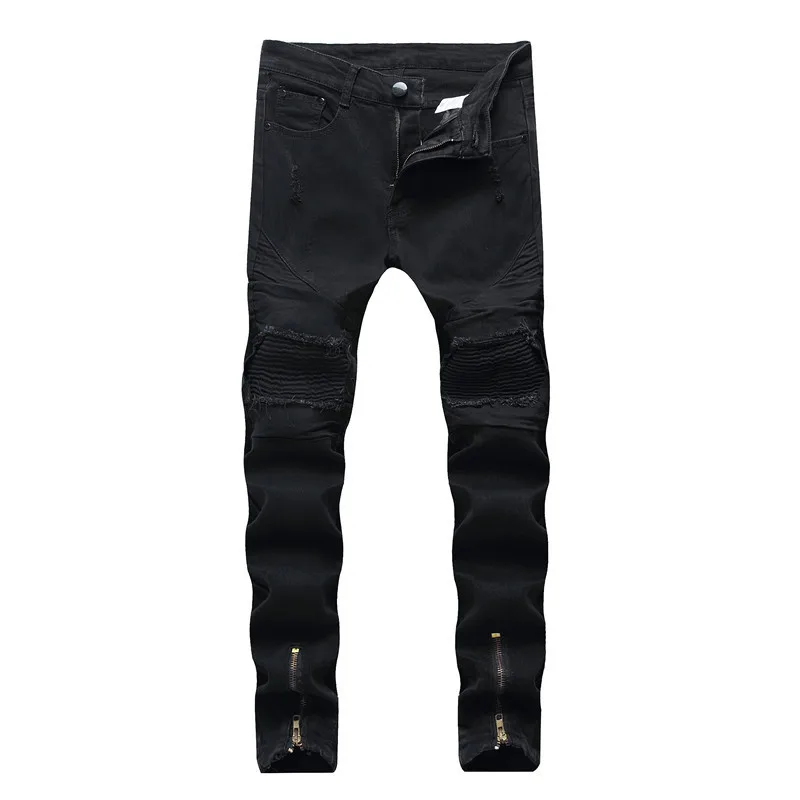 Джинсы мужские потертые зауженные плиссированные брюки из денима байкерские