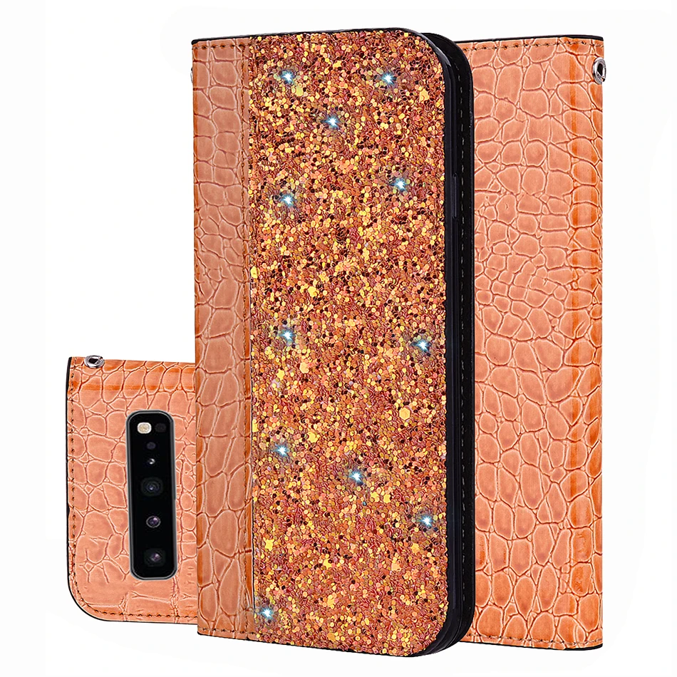 Crocodile Pattern Wallet Glitter Phone Case For Samsung Galaxy S10 5G S10E S9 S8 Plus Book Style A20e A30 A40 A50 A70 Back Cover