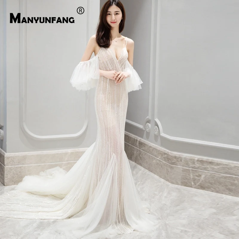 Роскошные сексуальные расклешенные рукава Matrimonio с открытой спиной со шнуровкой Gelinlik Милая шея полный блестки кружева свадебное платье пляж