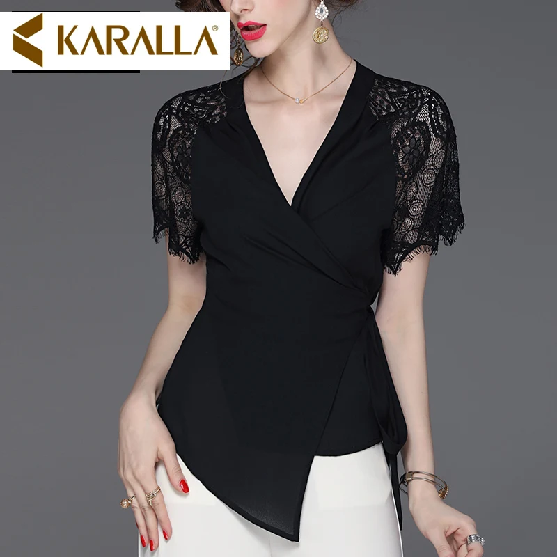 Женская блузка с коротким рукавом C474 тонкая кружевная треугольным вырезом 2019 |