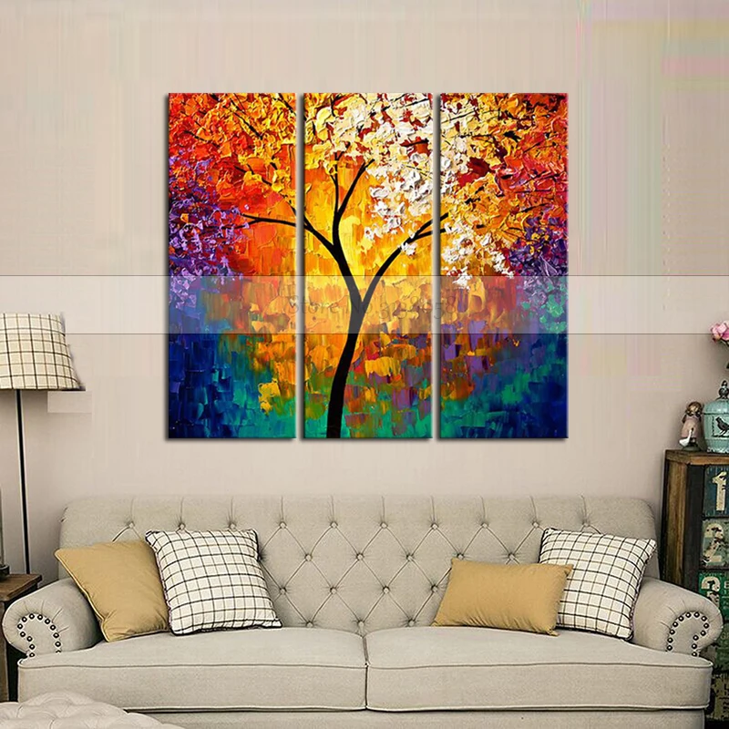 Картина на холсте с изображением яркого дерева жизни 3 шт. 100% ручная работа