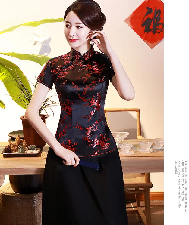 SHENG COCO 4XL 10 цветов китайские Топы Qipao рубашки сливы с цветочным узором Топы Cheongsam атласные летние женские черные красные розовые