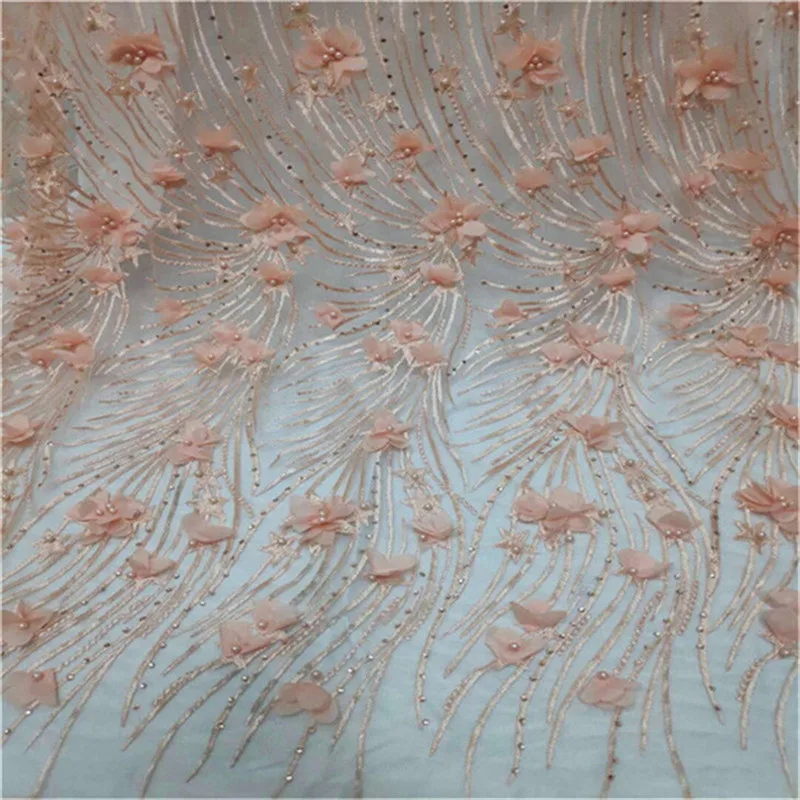 

yellow African Beads French Tulle Lace Fabric 3D Flower High Quality Dubai Embroidery Lace Nigerian French Cord Lace With Sequin