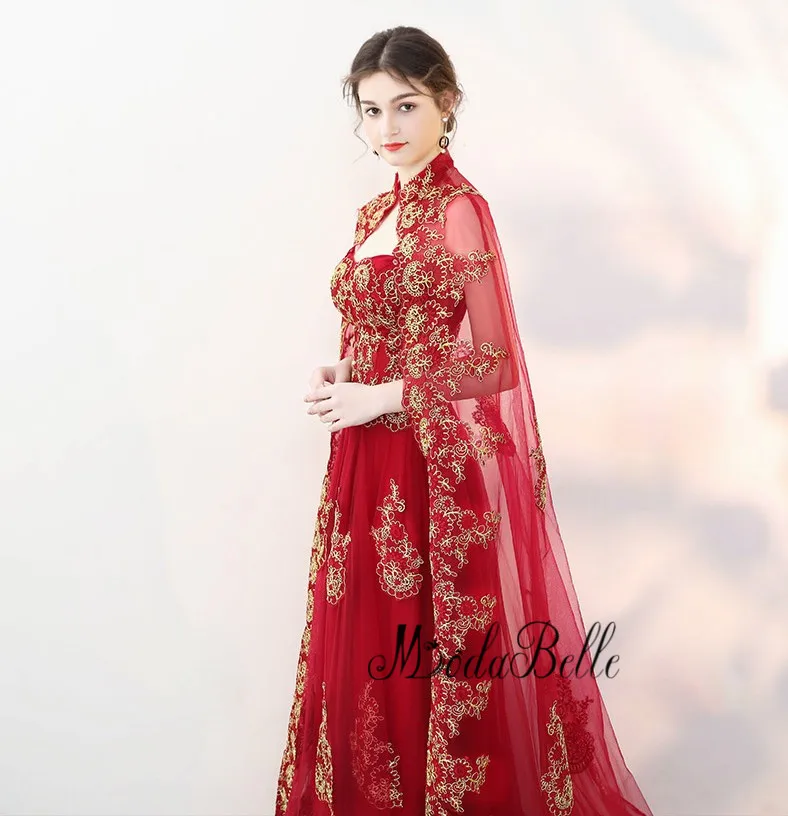 modabelle 2018 Muslim Burgundy And Gold Lace Evening Dress With Cape Caftan Marocaine Long Party Vintage Formal Gown | Свадьбы и