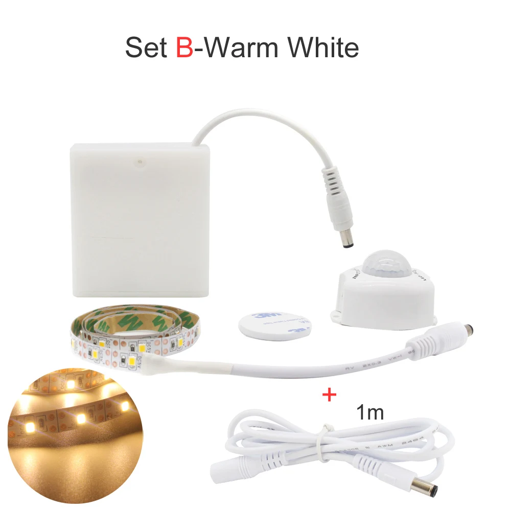 Set B Warm White Светодиодная лента с питанием от аккумулятора, датчик движения, 5 В, SMD 2835, 5 м, Светодиодная лента с питанием от аккумулятора, инфракрасная Светодиодная лента, инфракрасный шкаф, ночник - Испускаемый цвет: Set B Warm White