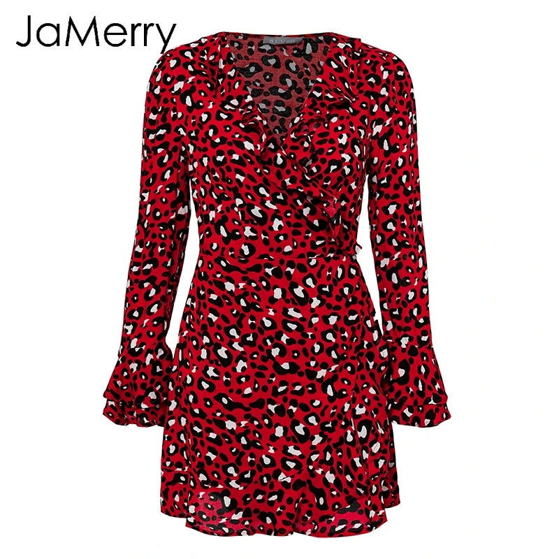 JaMerry Винтаж leopard wrap мини-платье оборками Длинные рукав фонарик пояса bodycon платье