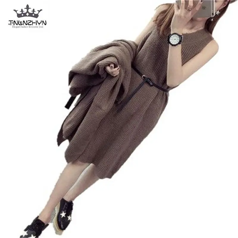 Корейский стиль 2019 весна осень модный свитер платье длинный вязаный кардиган без