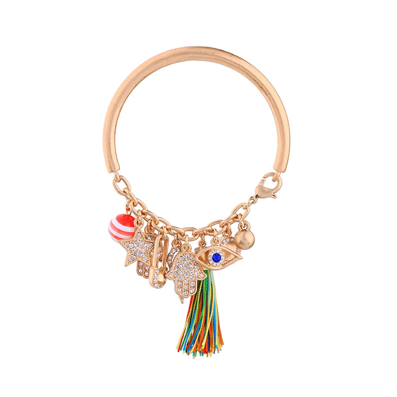 Antique Gold Color Circle Trendy Bangles For Women Crystal Star Hand Colorful Tassel Pendant Bracelet | Украшения и аксессуары