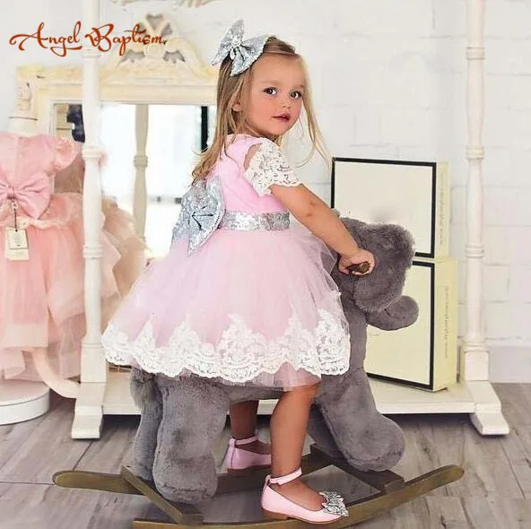 Gorgeous sparkly pink satin and silver sequins bow with lace short sleeves baby birthday party dresses kids flower girl dress | Детская