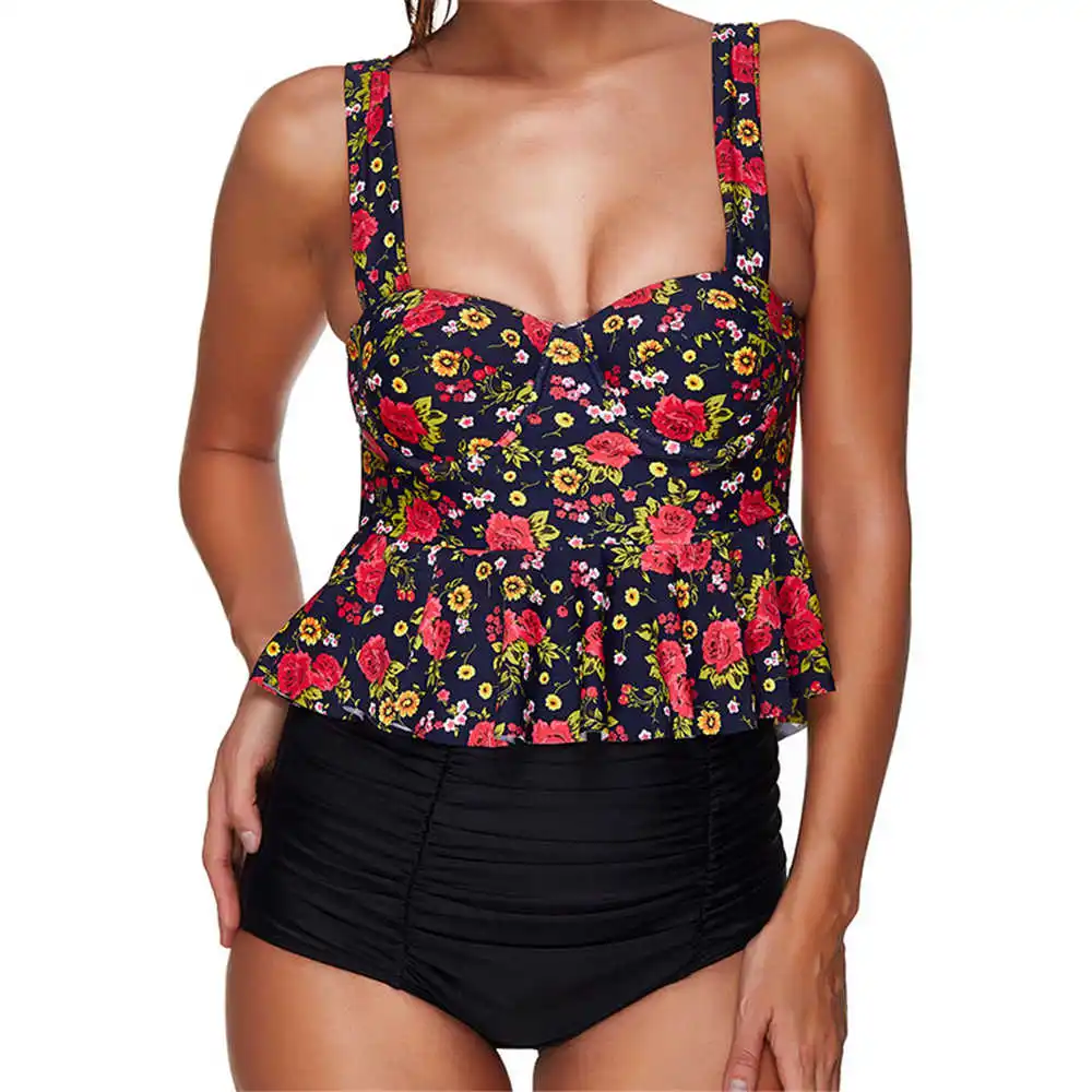Купальный костюм с высокой талией из двух частей 2017 Женский танкини большого
