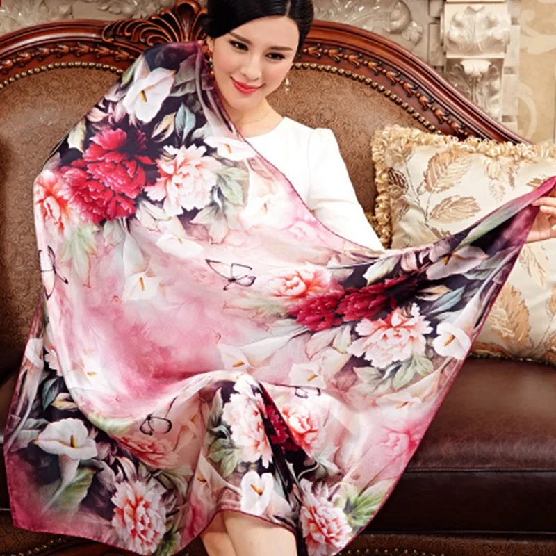 

100% Mulberry Scarf Big Square Silk Scarves Fashion Floral Printed Shawls Hot Sale Women Genuine Natural Silk Shawl 110*110cm