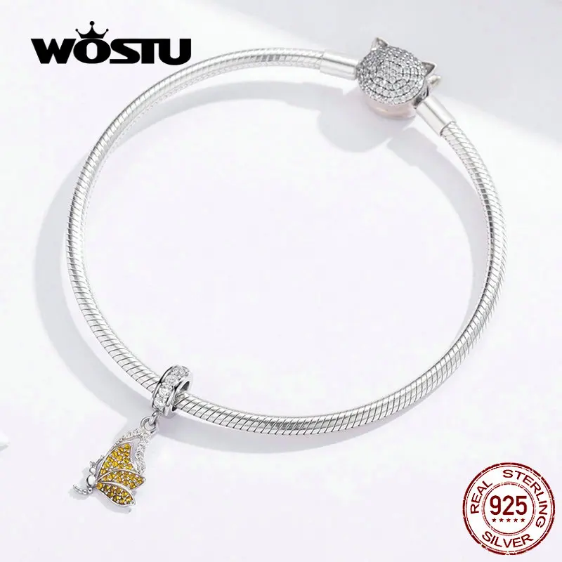 WOSTU декоративные бабочки болтаются Шарм 925 стерлингового серебра желтый циркон