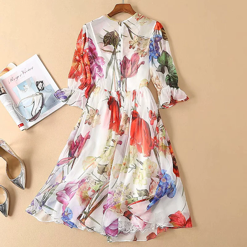

XF 7 2019 New Spring And Summer Fashion Designer Women'S Bohemian Print Holiday Beach Casual High Waist Tulle Chiffon Dress