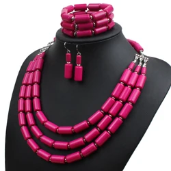 Fushcia Богемные африканские нигерийские бусы, ожерелье, браслет, серьги, комплект из 3 предметов, праздничный костюм, колье, Свадебные Ювелирные наборы для женщин - Окраска металла: Fushcia