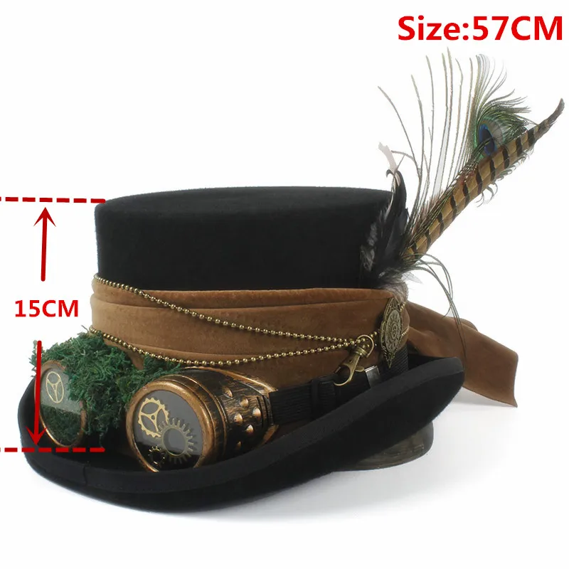 Black 57CM 15 см Top Hat шерсть Для женщин Для мужчин Топ Фетровая Шляпа Волшебника стимпанк с ручной работы Шестерни очки Косплэй панк вечерние шапки - Цвет: Black 57CM
