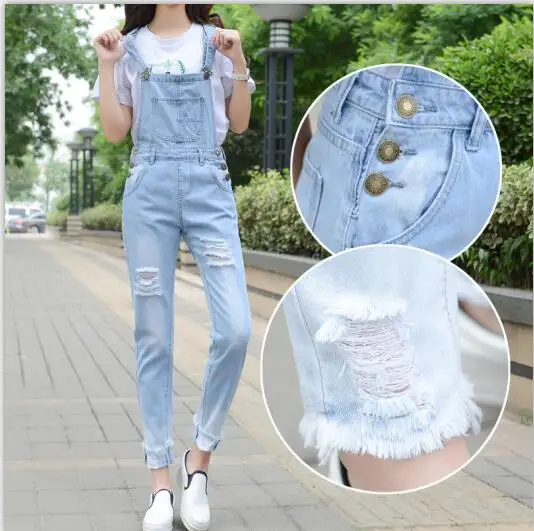 light blue Летняя модная одежда, женские комбинезоны, одноцветные джинсы с дырками, брюки на подтяжках, Свободный Тонкий джинсовый комбинезон для девочек - Цвет: light blue