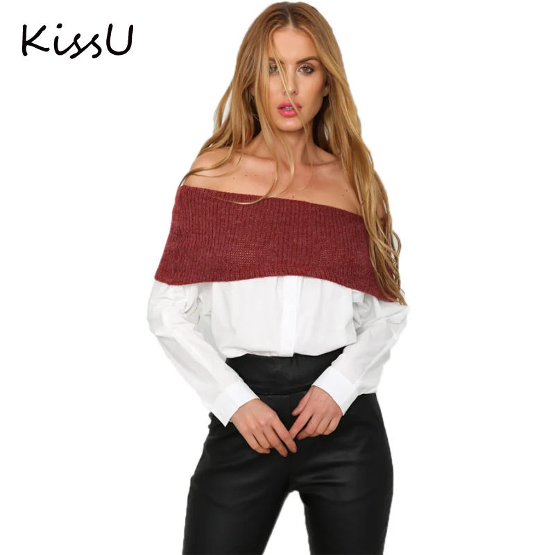 KissU 2017 С Плеча Женщины Блузка Белый Свободные Slash Шеи Свитер Сращивание Дамы