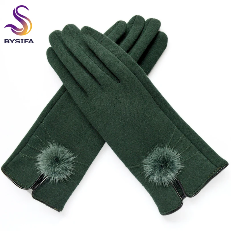 BYSIFA-guantes de lana de visón para mujer, manoplas elegantes con diseño de apertura, color negro y verde, para invierno