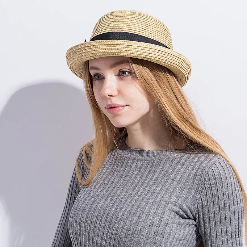 Женская соломенная шляпа с круглым плоским верхом летняя для женщин Snapback