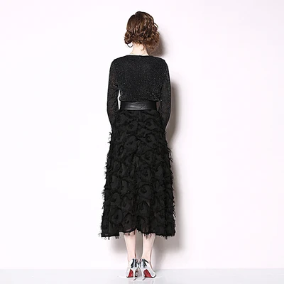 2019 New Summer Fashion Women Black Lurex Party Dress Vintage V-neck Tassel Long Mid-calf Runway | Женская одежда