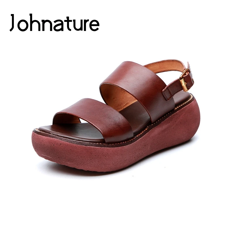 

Женские сандалии в стиле ретро Johnature, из натуральной кожи, с ремешком на щиколотке и пряжкой, на плоской платформе, для летнего сезона