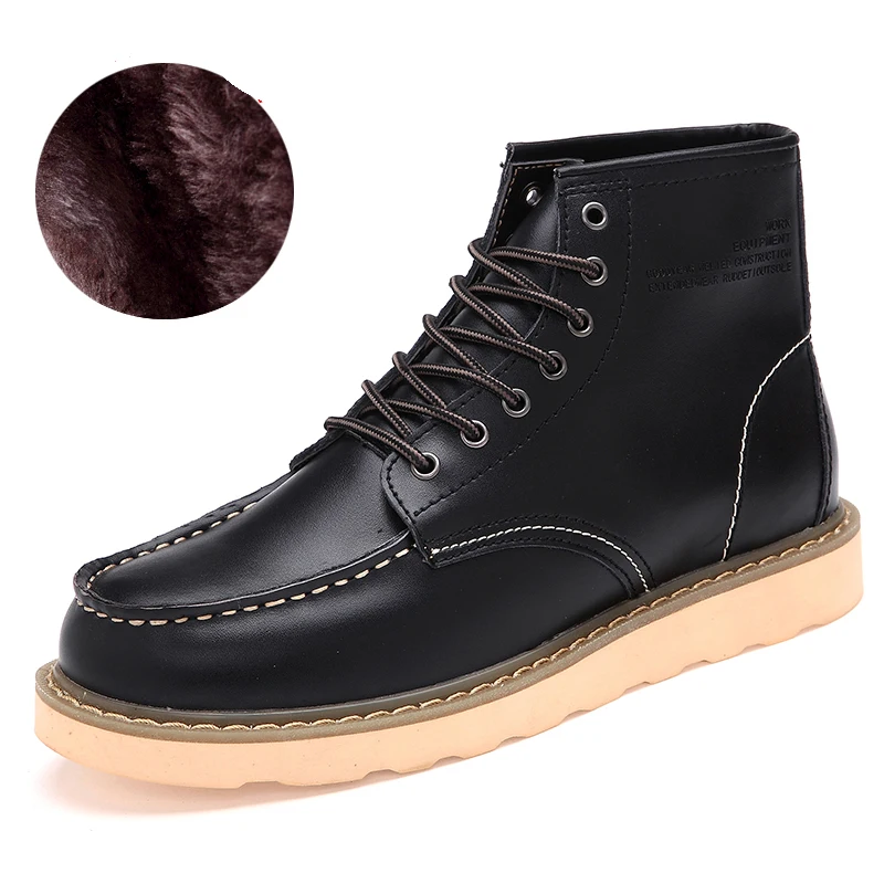 Черный Большие Size38-46, мужские зимние ботинки с высоким берцем, кожаные меховые, сохраняющие тепло, на плоской резиновой подошве, прочные, на шнуровке, водонепроницаемые, 3 цвета, Новинка - Цвет: Черный