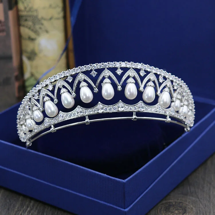 SLBRIDAL великолепные прозрачные свадебные диадемы с кубическим цирконием и жемчугом CZ свадебные королевские вечерние женские украшения для волос