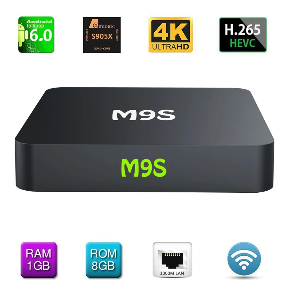 M9S Android TV Box S905X 6 0 четырехъядерный 1G/8G UHD 4K мини ПК 1000M LAN WiFi H.265 медиаплеер |